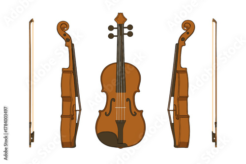 Detailed front and side views of classic wooden violin and separate bow