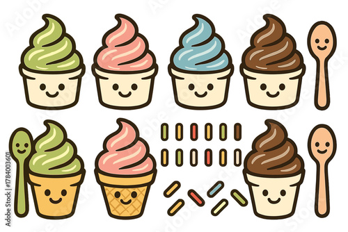 Cute soft serve ice cream and frozen yogurt dessert icons with spoons
