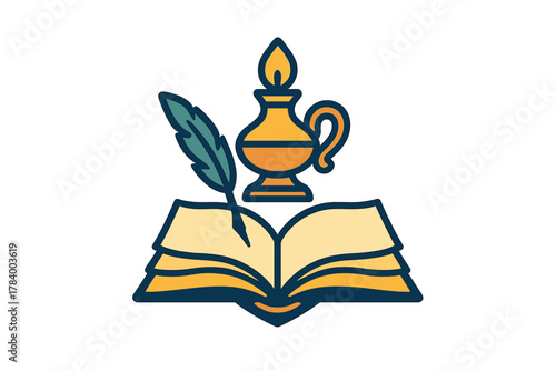 Open book with quill pen and oil lamp simple graphic icon