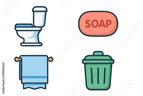 Set of essential bathroom hygiene icons featuring toilet soap towel and trash receptacle