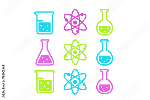 Colorful set of chemistry and physics science icons featuring beakers and atoms