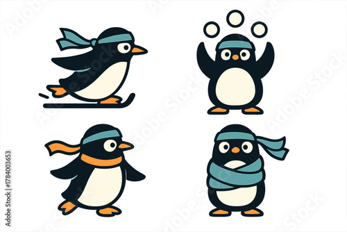 Set of four cute cartoon penguins performing winter activities and wearing accessories