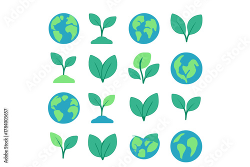 Stylized earth and green sprout icons representing ecology and plant growth