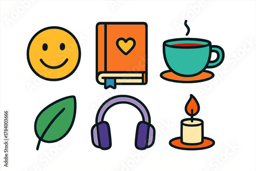 Set of cozy relaxation icons: smiley face, book, tea, leaf, headphones, and candle