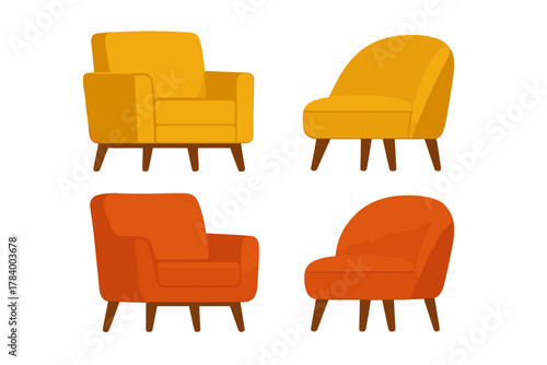 Set of four mid-century modern style armchairs in yellow and orange colors
