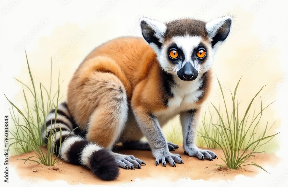Fototapeta premium Watercolor painting of ring tailed lemur in a nature scene. Animal illustration features detailed fur with an alert expression. The primate sits amongst grass.