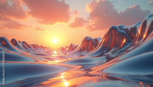 Abstract chrome waves reflecting sunset. Digital art shows shiny metallic liquid surface. Orange sky with clouds reflects sunlight. Modern 3D rendering artwork design.