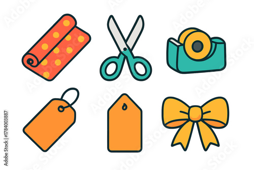 Gift wrapping supplies icons set with scissors tape bow and tags