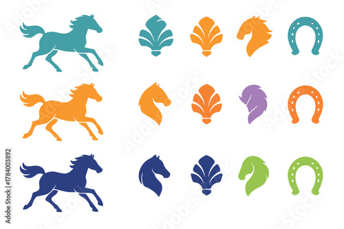 Stylized horse silhouettes heads and horseshoe icons collection