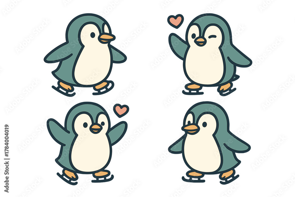 Fototapeta premium Four cute cartoon penguins ice skating with small love hearts
