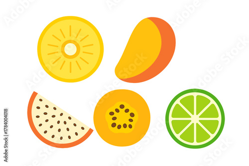 Colorful assortment of tropical and citrus fruit slices icons