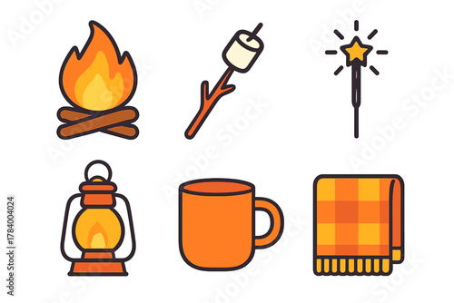 Cozy outdoor leisure icons featuring campfire, lantern, and warm blanket