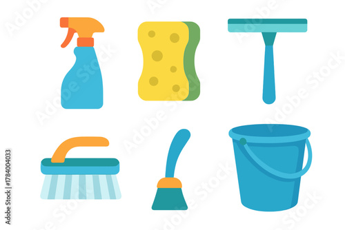 Colorful cleaning supplies and household maintenance tools icons set