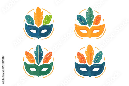 Colorful masquerade masks with vibrant feathers and gold embellishments
