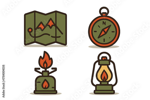 Camping and hiking equipment icons set with map compass stove and lantern