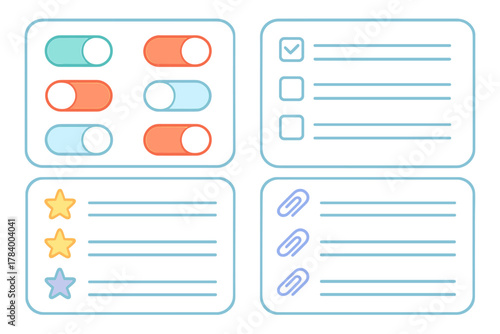 User interface elements set with toggles checkboxes rating stars and paperclips