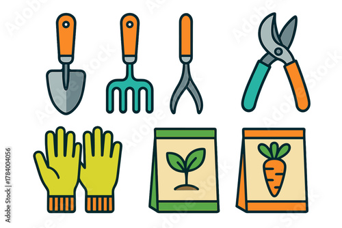 Colorful set of gardening tools and seed packets icons for planting