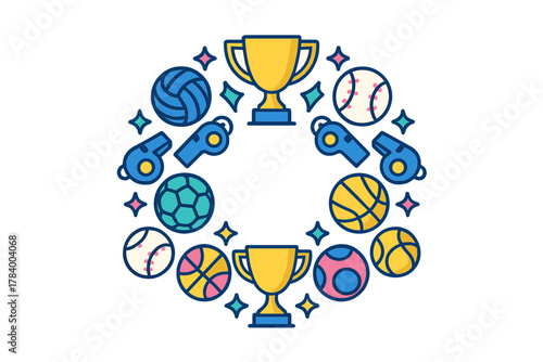 Various sports equipment and awards arranged in a circular frame design