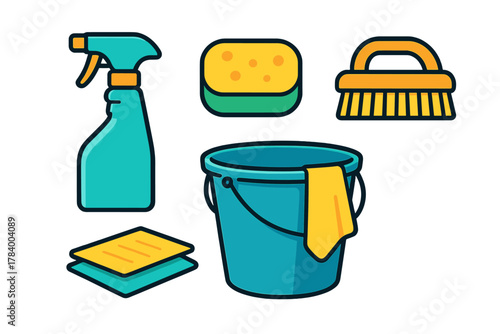 Set of colorful cleaning supplies icons including bucket and spray bottle