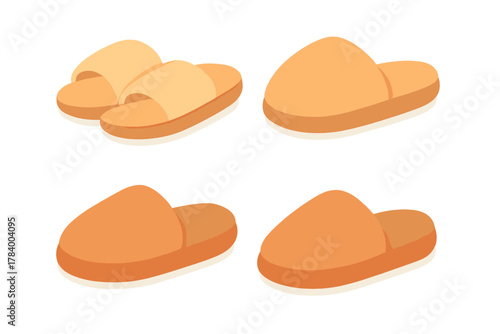Four orange and beige house slippers displayed in isometric perspective