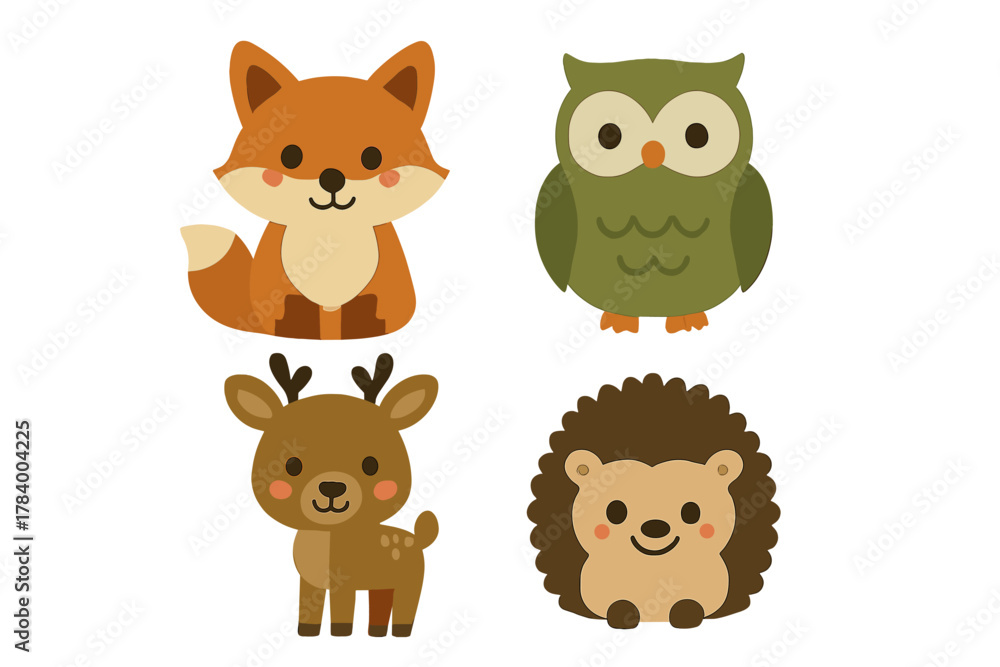 Fototapeta premium Set of cute cartoon forest animals including fox owl deer and hedgehog