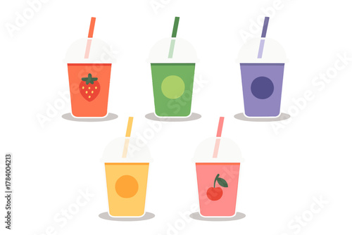 Five colorful fruit smoothie drinks with straws and icons