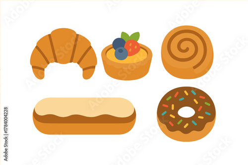 Assortment of baked goods including croissant, tart, eclair, and donut