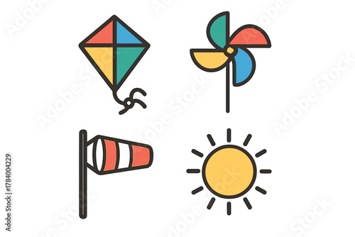 Colorful icons depicting wind and sunny weather activities for outdoor fun