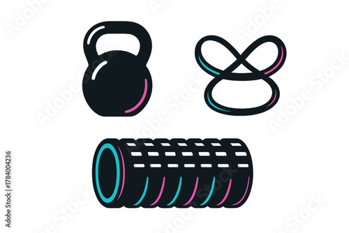 Fitness equipment icons including kettlebell, resistance loop, and foam roller