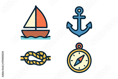 Nautical icons set featuring sailboat anchor rope knot and compass symbols