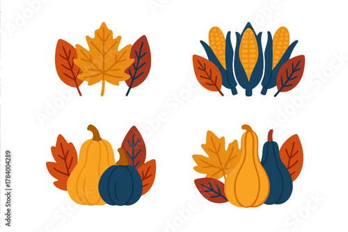 Assortment of autumn harvest icons featuring colorful fall leaves