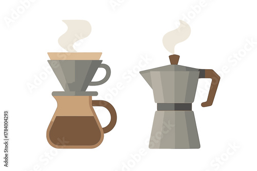 Pour over coffee maker and moka pot steaming side by side
