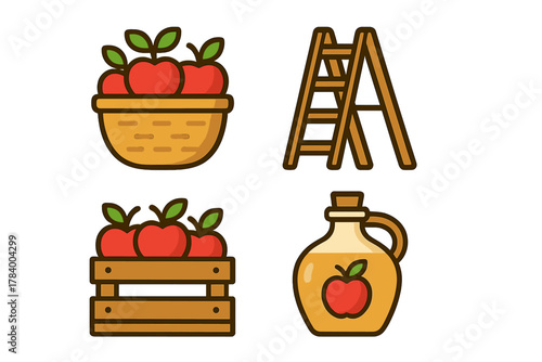 Set of stylized icons for fruit harvest and cider production