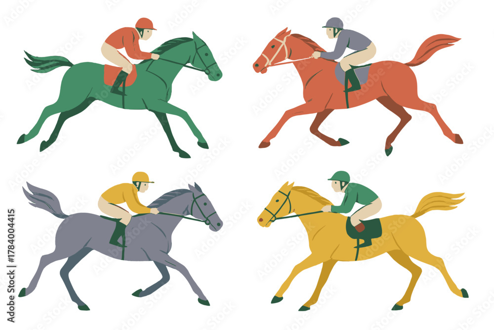 Fototapeta premium Four jockeys riding colorful horses in dynamic flat graphic style