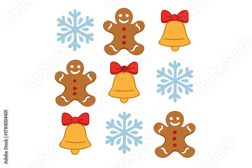 Set of Christmas cookie gingerbread man snowflake and bell icons