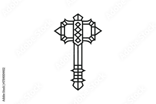 Outline of a black warhammer features intricate geometric details against a white backdrop
