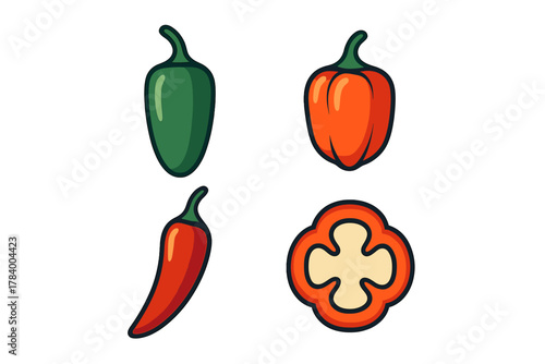 Set of hot and sweet pepper icons in different shapes and colors