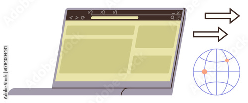 Laptop with active browser window and global globe icon with arrows suggesting internet sharing or data transfer. Ideal for connectivity, globalization, information exchange, technology