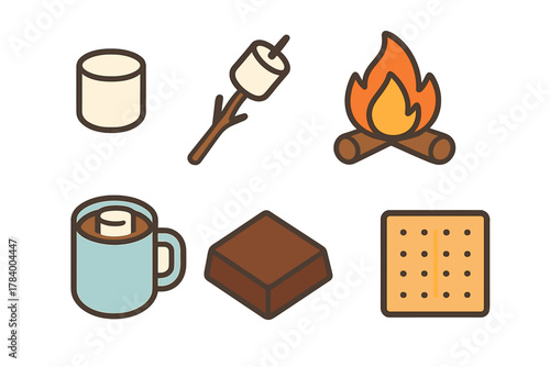 Smores ingredients and campfire icons for outdoor dessert making