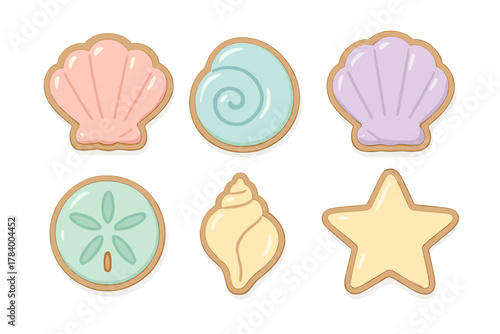 Six colorful sugar cookies shaped like various sea creatures