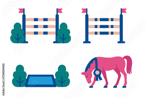 Stylized Icons of Horse Show Jumping Obstacles and Award Ribbons