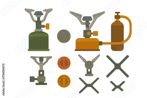 Portable Camping Stove Burner and Fuel Canister Components Collection