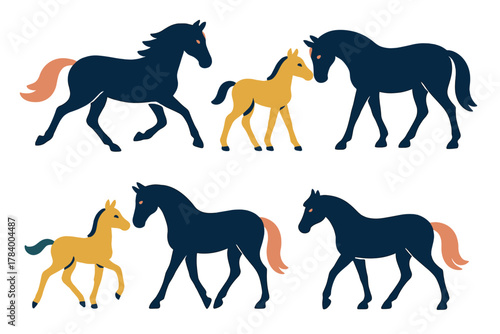 Stylized dark blue horses and yellow foals family group silhouettes