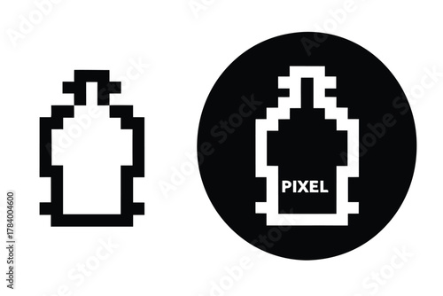 Pixel art bottle icon displayed beside a black circle with PIXEL lettering