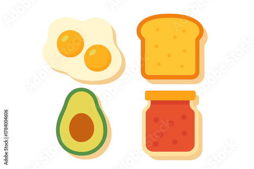 Assortment of breakfast food icons featuring fried eggs, toast, avocado, and jam