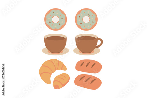 Assortment of breakfast pastries and hot beverage cups