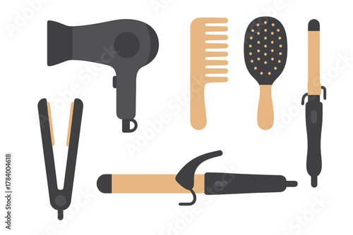 Modern hair styling tools including dryer comb and curling iron