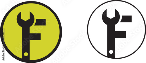 Minimal vector logo of letter F shaped like a wrench silhouette and colourful icon on white background