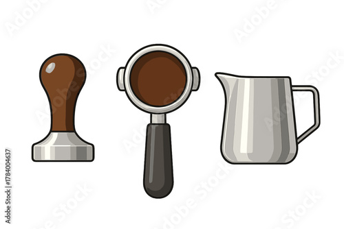 Espresso machine accessories including tamper, portafilter with coffee grounds, and milk frothing pitcher