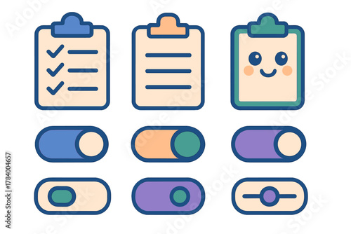 Colorful checklist and toggle switch interface icons set